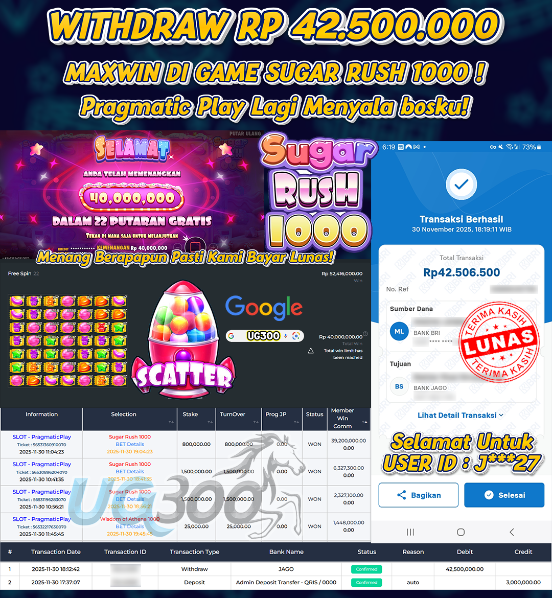 UG300 BERMAIN DI SUGAR RUSH 1000 JACKPOT Rp.42,500,000- DI BAYAR TUNTAS